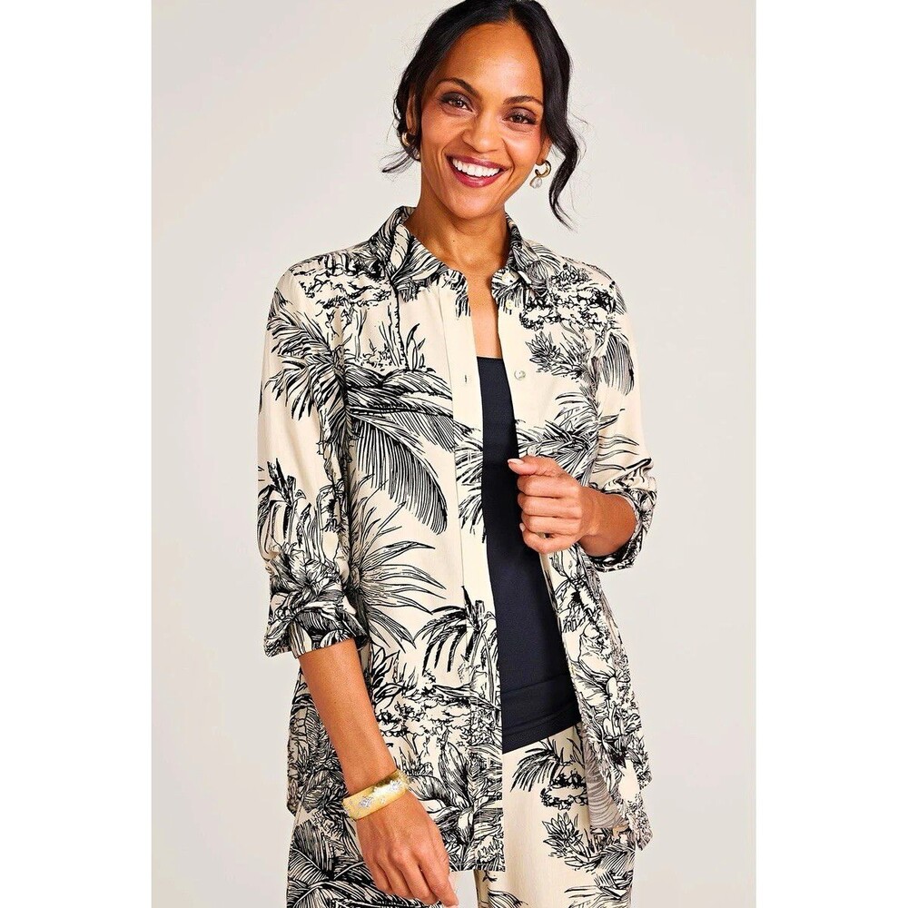 Soft Surroundings S Collared Button-Up Shirt Long Sleeve Ivory/Black Tropical